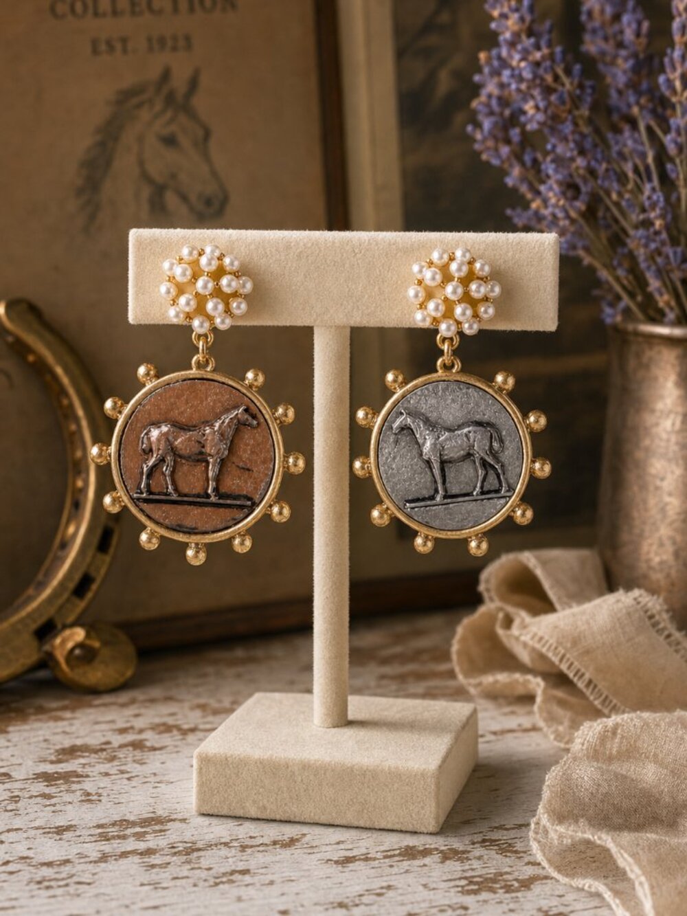 Two Tone Horse Medallion Earrings with Pearl Clusters, Equestrian Statement Earr